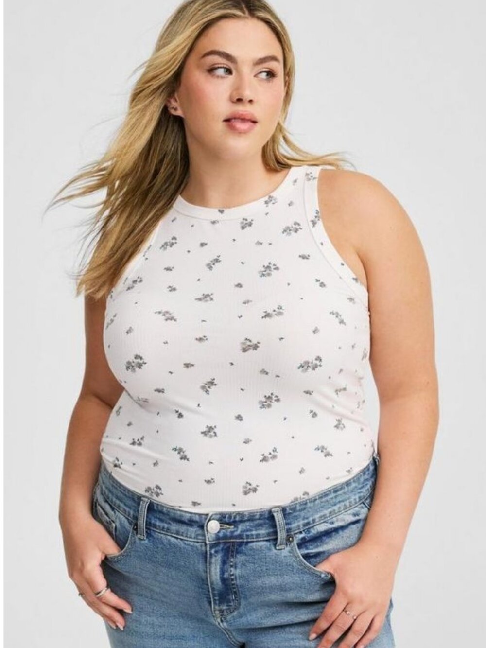 Torrid Super Soft Rib High Neck Tank Top Size 3X White Grey Floral Print Fitted